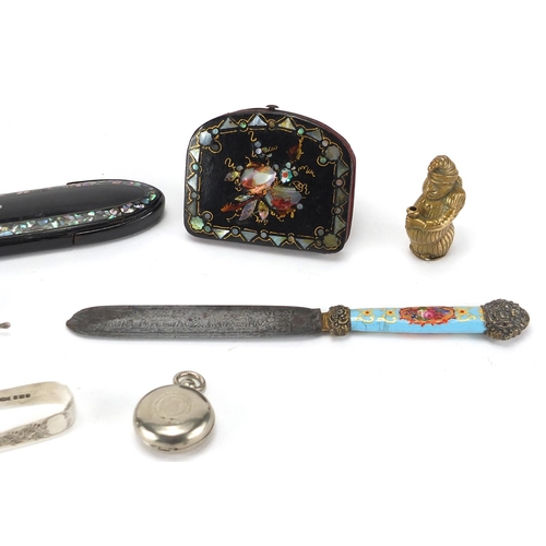 41 - Miscellaneous objects including a 19th century knife with porcelain handle hand painted with flowers... 