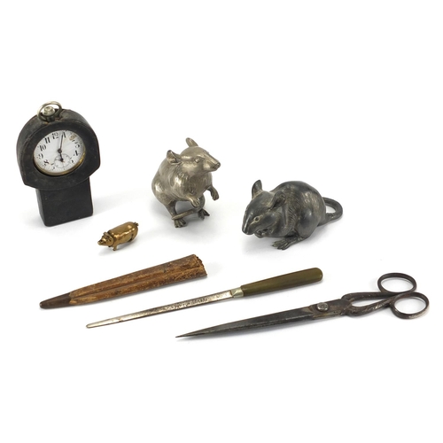 45 - Miscellaneous objects including a pig vesta, cased pocket watch, pair of scissors and letter opener,... 