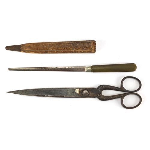 45 - Miscellaneous objects including a pig vesta, cased pocket watch, pair of scissors and letter opener,... 