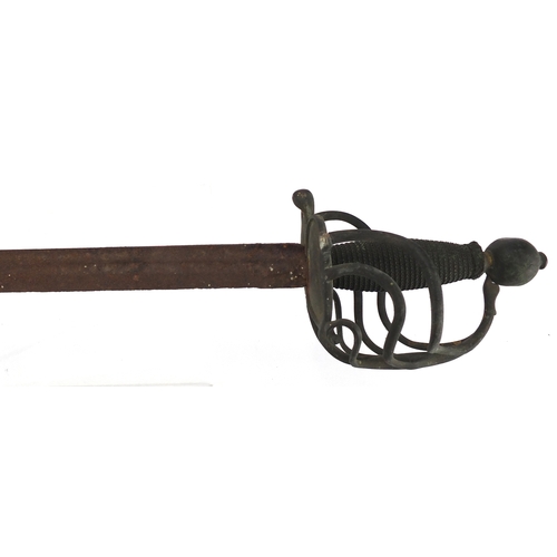 333 - 17th century English Mortuary backsword, the basket hilt with traces of gilding, 98cm in length