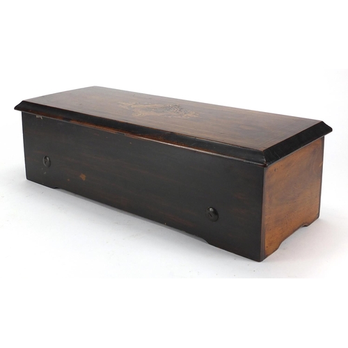 283 - 19th century inlaid rosewood Swiss music box, the hinged lid opening to reveal an 11inch brass cylin... 