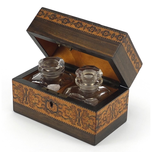 25 - Victorian Tunbridge ware box fitted with a pair of glass inkwells, the box with micro mosaic inlay h... 