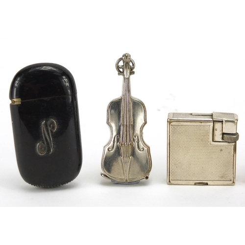 49 - Smoking objects including silver plated Dunhill pocket lighter tortoiseshell and violin vesta cases ... 