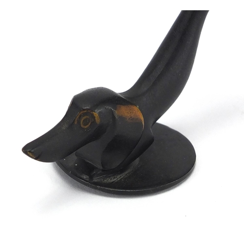 692 - Austrian stylised bronze Dachshund by Richard Rohac, factory marks to the base, 19.5cm high