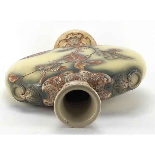 452 - Large Japanese Satsuma pottery moon flask, with elephant head handles, hand painted with flowers, 48... 