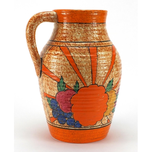 642 - Clarice Cliff Café au Lait lotus jug hand painted with a floral sunburst design, factory marks to th... 