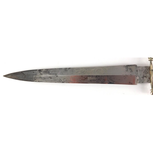 348 - Hunting dagger with horn and ivory handle and brass sheath, the steel blade engraved with foliate mo... 