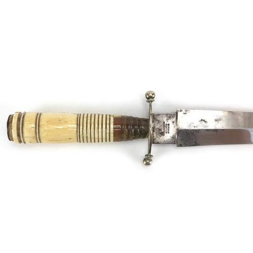 348 - Hunting dagger with horn and ivory handle and brass sheath, the steel blade engraved with foliate mo... 