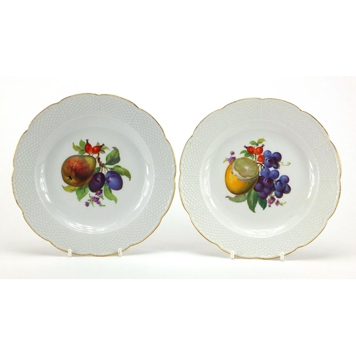 586 - Pair of Meissen porcelain plates both hand painted with fruit, flowers and foliage, blue under glaze... 