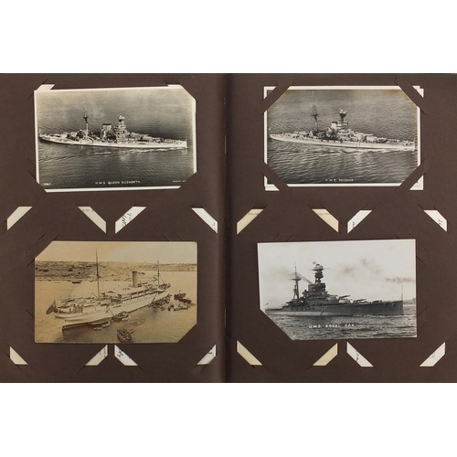 171 - Mostly Military shipping, aircraft, railway and social history postcards arranged in an album, some ... 