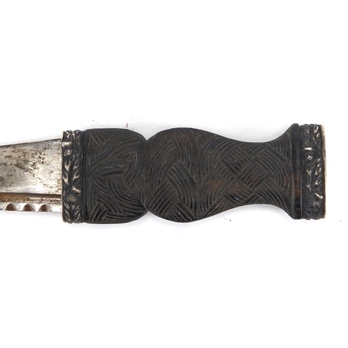 113 - Scottish silver mounted Skean-Dhu with weave design grip, the silver mounts Edinburgh 1915, 20cm in ... 