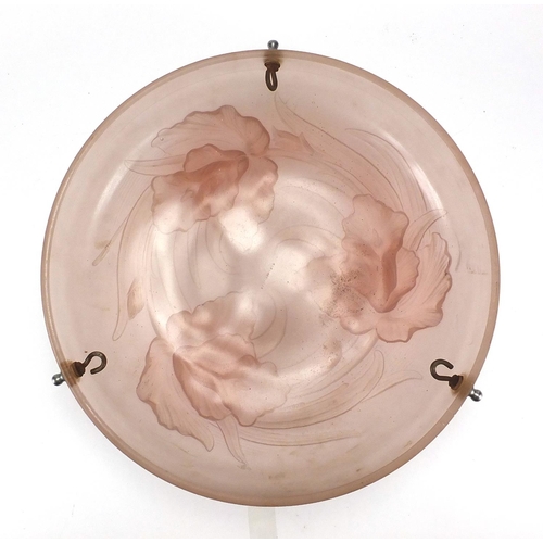 640 - Art Deco pink frosted glass plafonnier, moulded in relief with stylised flowers, moulded Reg APP FOR... 