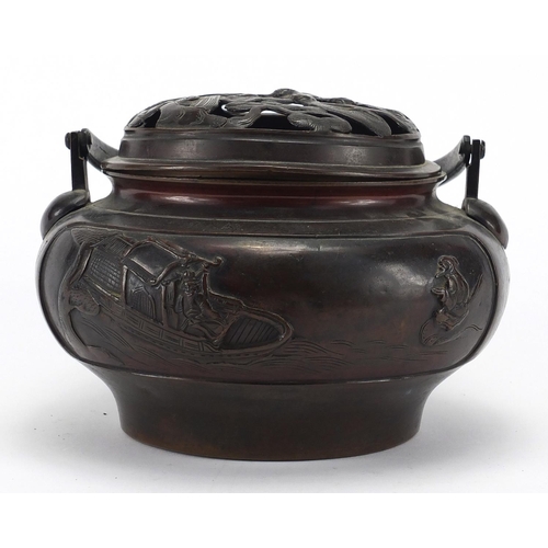 475 - Bronze incense burner and cover with swing handle, cast with figures on a boat, character marks to t... 