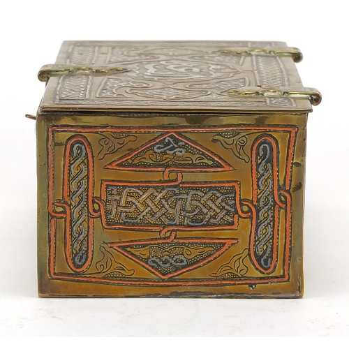 548 - Rectangular Egyptian Cairoware brass box with silver and copper inlay, decorated with script and sty... 