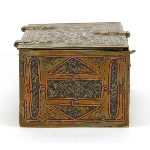 548 - Rectangular Egyptian Cairoware brass box with silver and copper inlay, decorated with script and sty... 