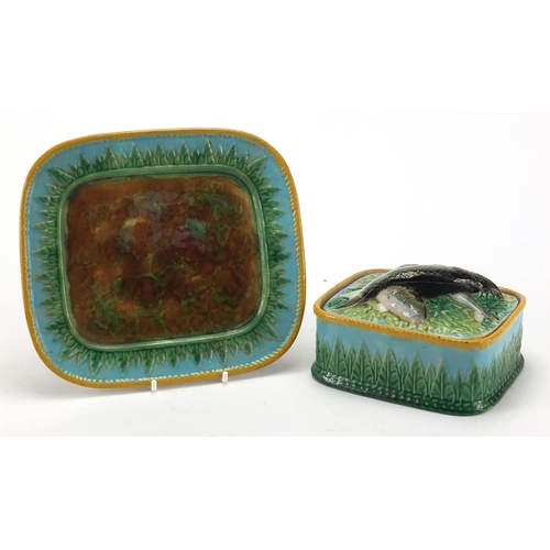 604 - Victorian Majolica sardine dish and cover on stand, the lid hand painted and decorated in relief wit... 