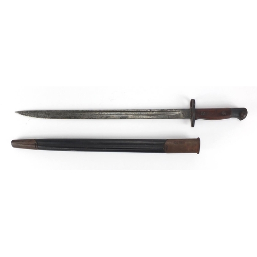 342 - British Military World War I bayonet and scabbard with wooden grip, impressed GR907, 57cm in length