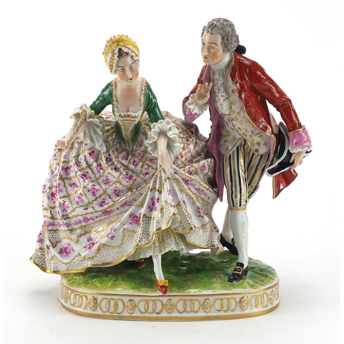 587 - Dresden hand painted porcelain figure group of a courting couple, factory marks to the base, 20cm hi... 