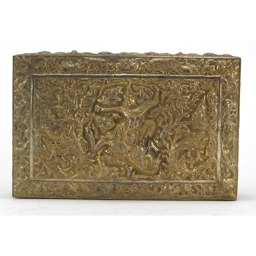 555 - Burmese/Thai silver box, profusely embossed with figures amongst foliage, character marks to the bas... 