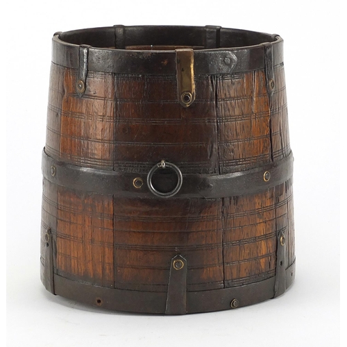 88 - Antique oak metal bound barrel formed bucket , 22.5cm high