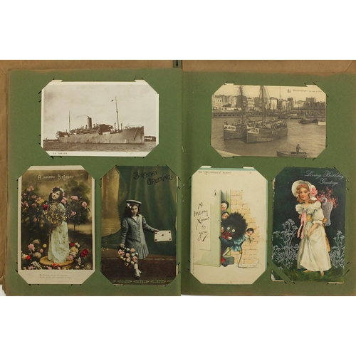 174 - Mostly Topographical and social history postcards and greetings cards arranged in an album, some pho... 
