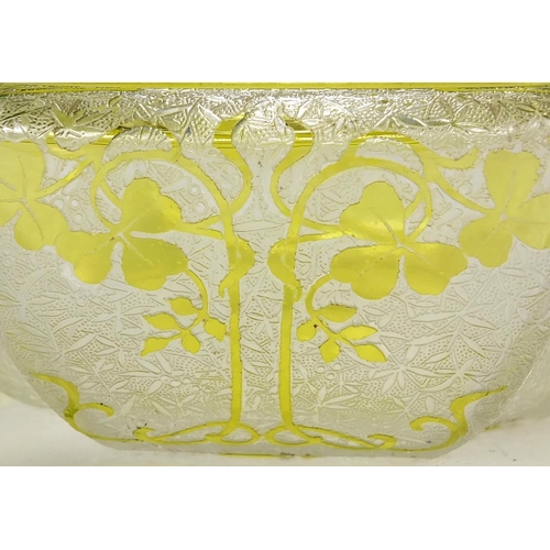 637 - Art Nouveau overlaid and etched glass powder bowl, the silver plated cover with impressed Christofle... 