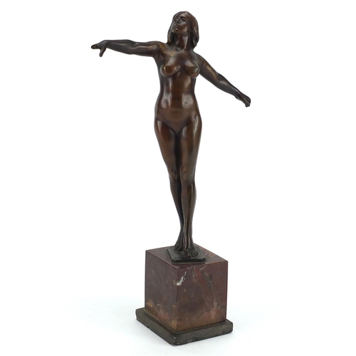 691 - Art Deco Patinated bronze study of a nude female with out stretched arms, indistinctly signed, raise... 