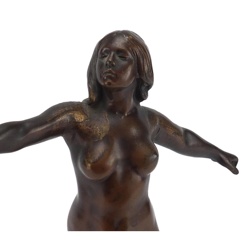 691 - Art Deco Patinated bronze study of a nude female with out stretched arms, indistinctly signed, raise... 