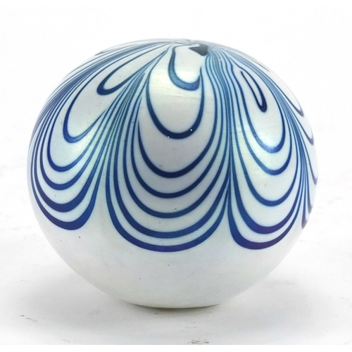 628 - Glasform iridescent paperweight signed by John Ditchfield with combed decoration and etched marks to... 