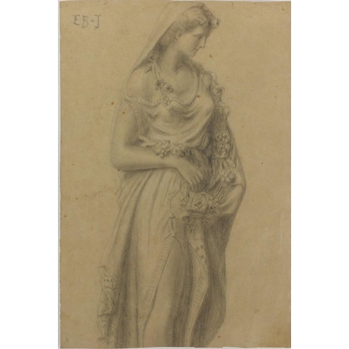 1115 - Standing female, 19th century black chalk onto paper, bearing a monogram EB J, unframed, 24cm x 16cm