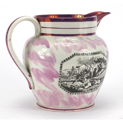 610 - 19th century Sunderland lustre jug, transfer printed with panels of hunting and Goodale tavern,  C &... 