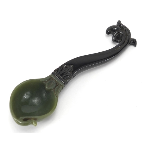 544 - Indian black and green jade carved spoon carved of naturalistic form,  19.5cm in length