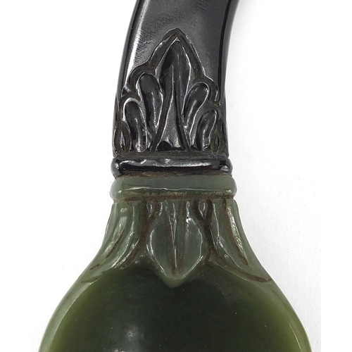 544 - Indian black and green jade carved spoon carved of naturalistic form,  19.5cm in length