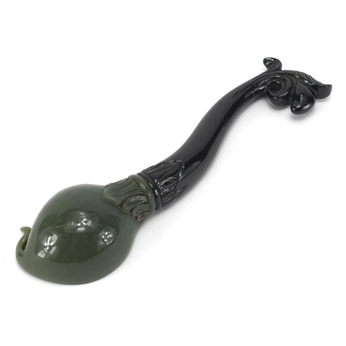 544 - Indian black and green jade carved spoon carved of naturalistic form,  19.5cm in length