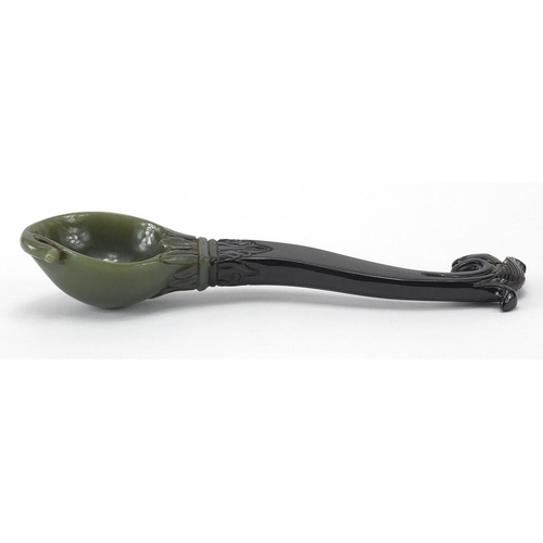 544 - Indian black and green jade carved spoon carved of naturalistic form,  19.5cm in length