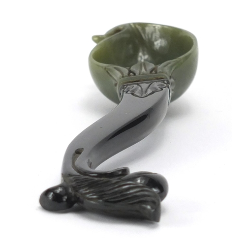 544 - Indian black and green jade carved spoon carved of naturalistic form,  19.5cm in length