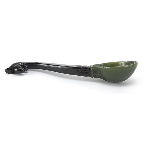 544 - Indian black and green jade carved spoon carved of naturalistic form,  19.5cm in length