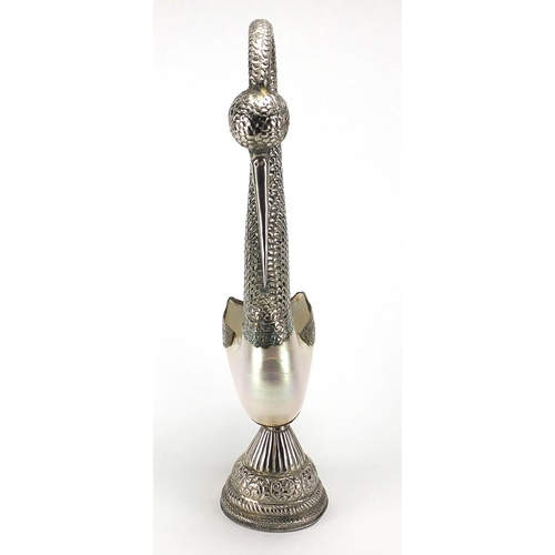 554 - Anglo Indian silver coloured metal and Nautilus shell swan sculpture, 48.5cm high