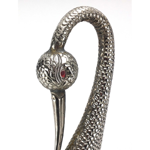 554 - Anglo Indian silver coloured metal and Nautilus shell swan sculpture, 48.5cm high