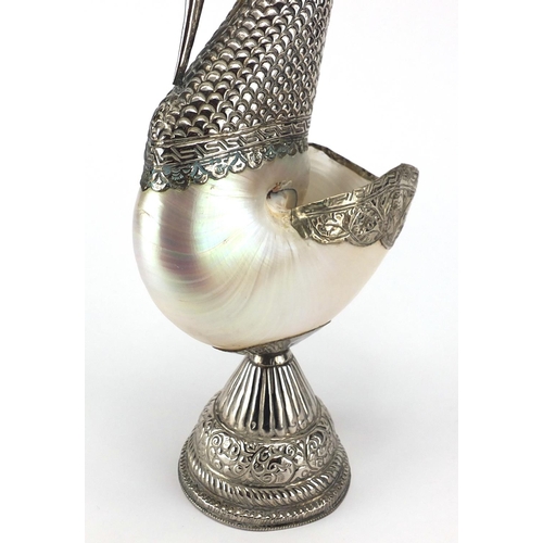 554 - Anglo Indian silver coloured metal and Nautilus shell swan sculpture, 48.5cm high