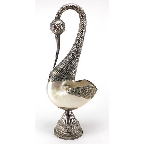 554 - Anglo Indian silver coloured metal and Nautilus shell swan sculpture, 48.5cm high