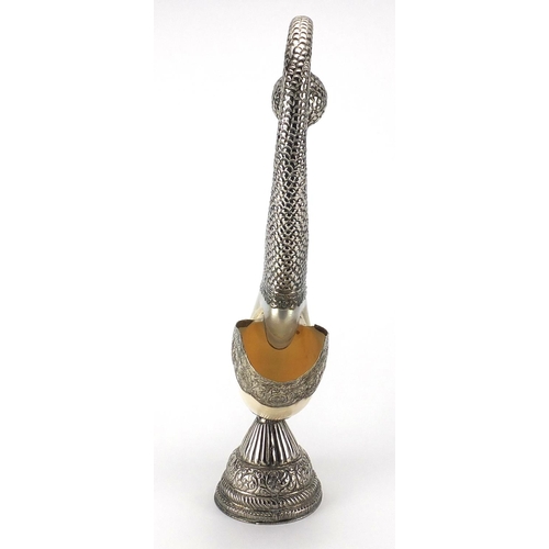 554 - Anglo Indian silver coloured metal and Nautilus shell swan sculpture, 48.5cm high