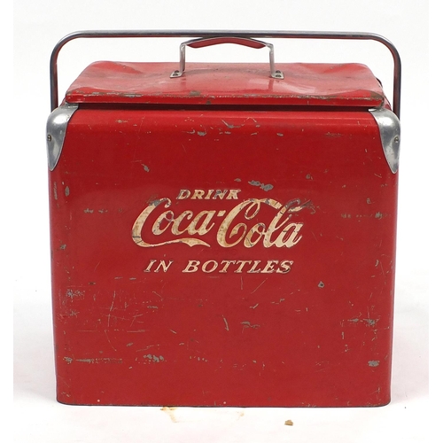 152 - Vintage painted tin Coca Cola drinks cooler with lift out tray, 42cm high excluding the handle