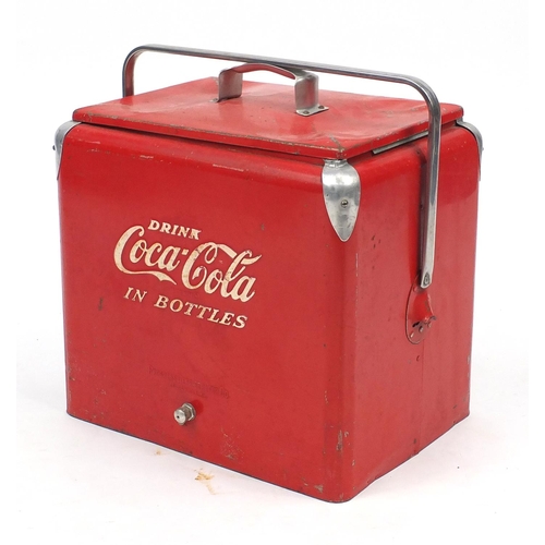 152 - Vintage painted tin Coca Cola drinks cooler with lift out tray, 42cm high excluding the handle