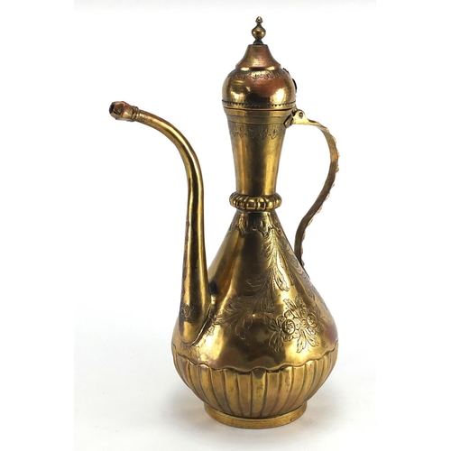 546 - Turkish gilt copper ewer and basin, all engraved with flowers, the ewer 40cm high