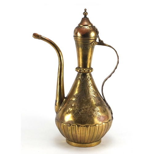 546 - Turkish gilt copper ewer and basin, all engraved with flowers, the ewer 40cm high