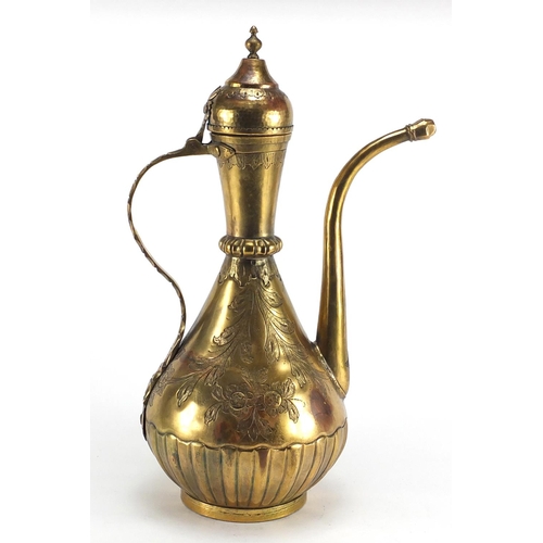 546 - Turkish gilt copper ewer and basin, all engraved with flowers, the ewer 40cm high