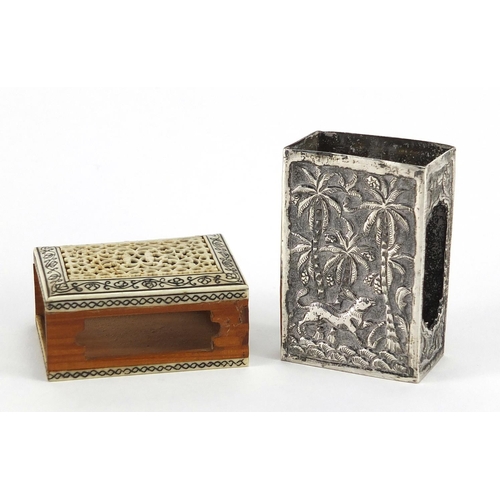 557 - Two Indian matchbox holders comprising an Anglo Indian sandalwood, ivory and tortoiseshell example w... 