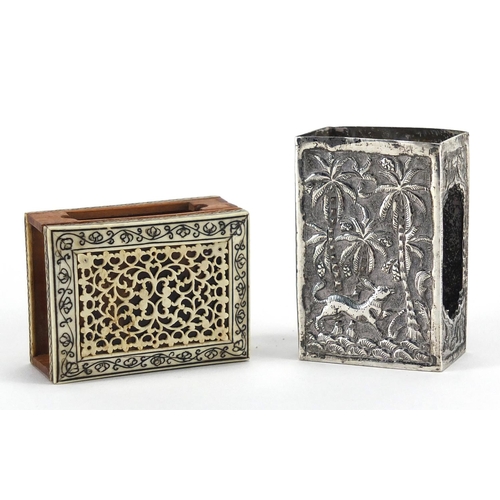 557 - Two Indian matchbox holders comprising an Anglo Indian sandalwood, ivory and tortoiseshell example w... 