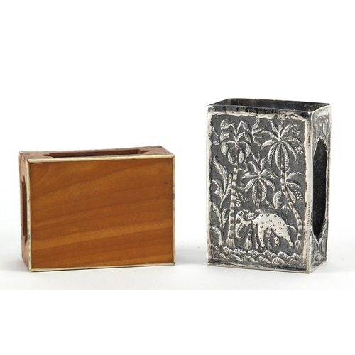 557 - Two Indian matchbox holders comprising an Anglo Indian sandalwood, ivory and tortoiseshell example w... 